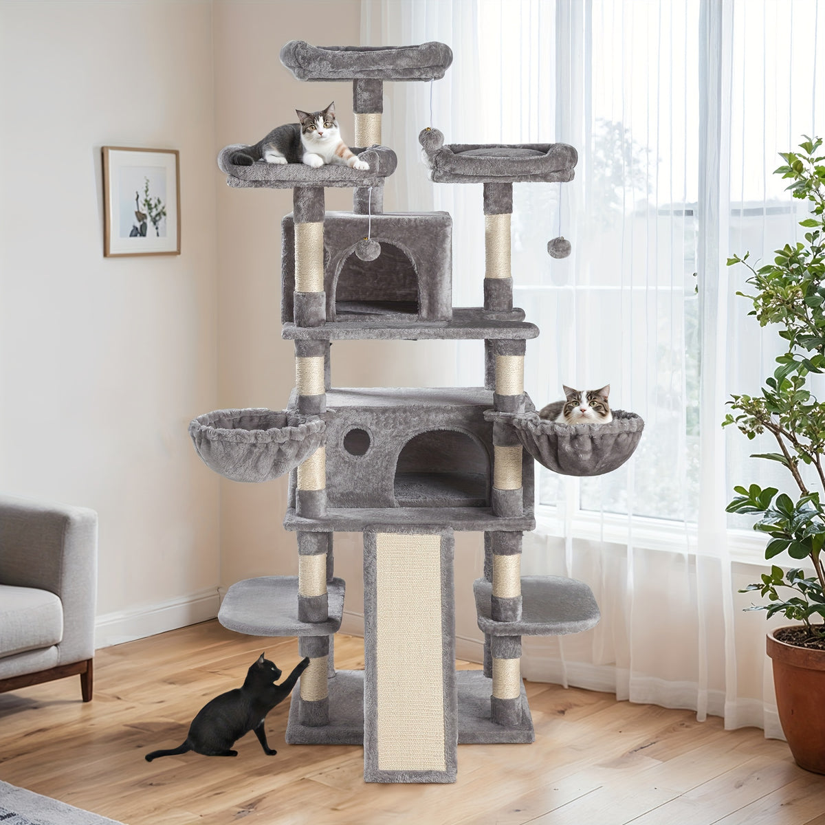 HOOMIC 68-Inch Multi-Level Cat Tree Tower for Large Cats/Cat Condo/Cozy Plush Cat Perches/Sisal Scratching Posts/Baskets/Wide Base Board/Cat Activity Center/Dark Grey/Grey/Beige/Pink/Leopard Print
