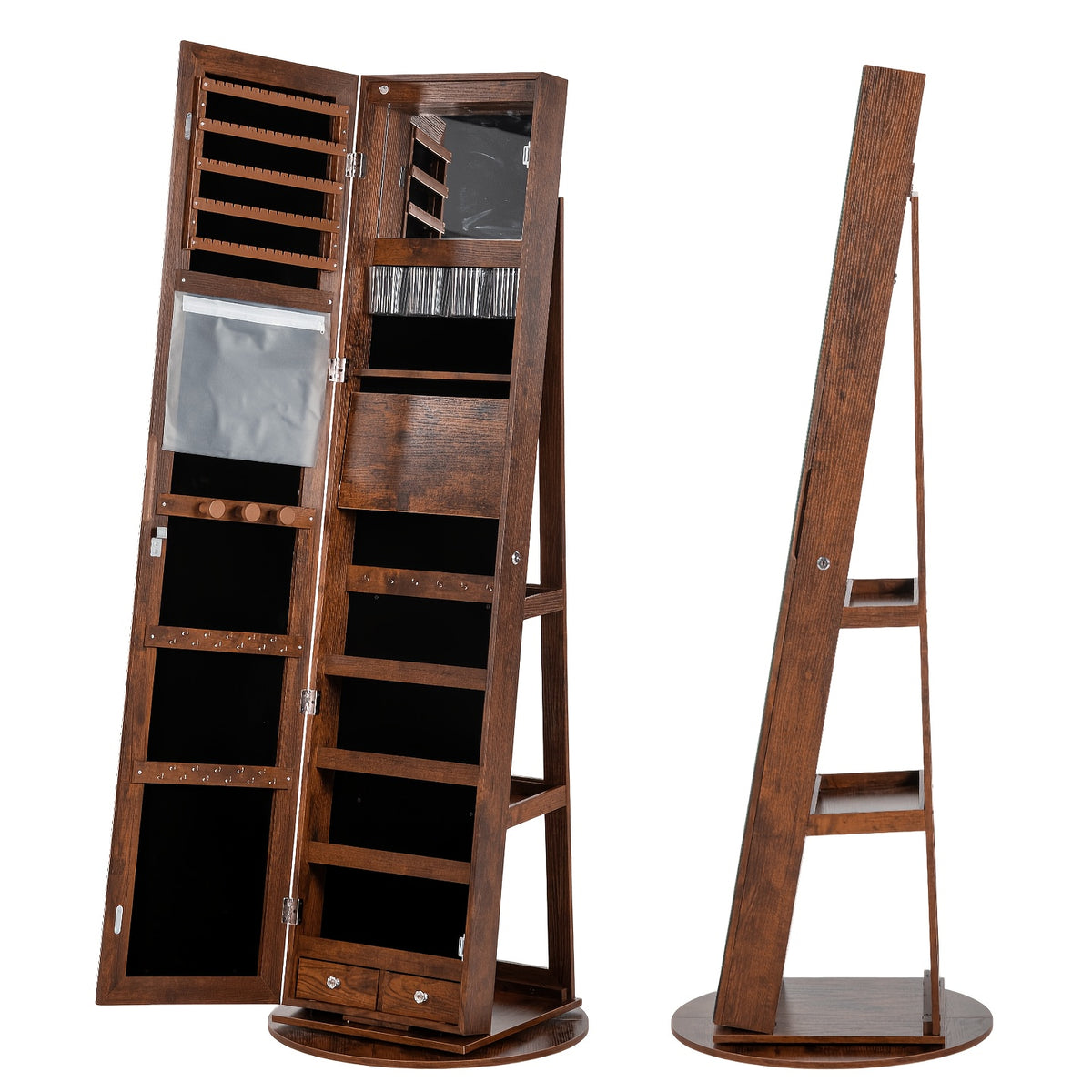 Freestanding Rotating Jewelry Cabinet with Full-Length Mirror & Lockable Storage Armoire - Foldable Makeup Shelf & Lights Suitable for Bedroom, Wood, Mirror Dresser Organizer for Room, Space-Saving