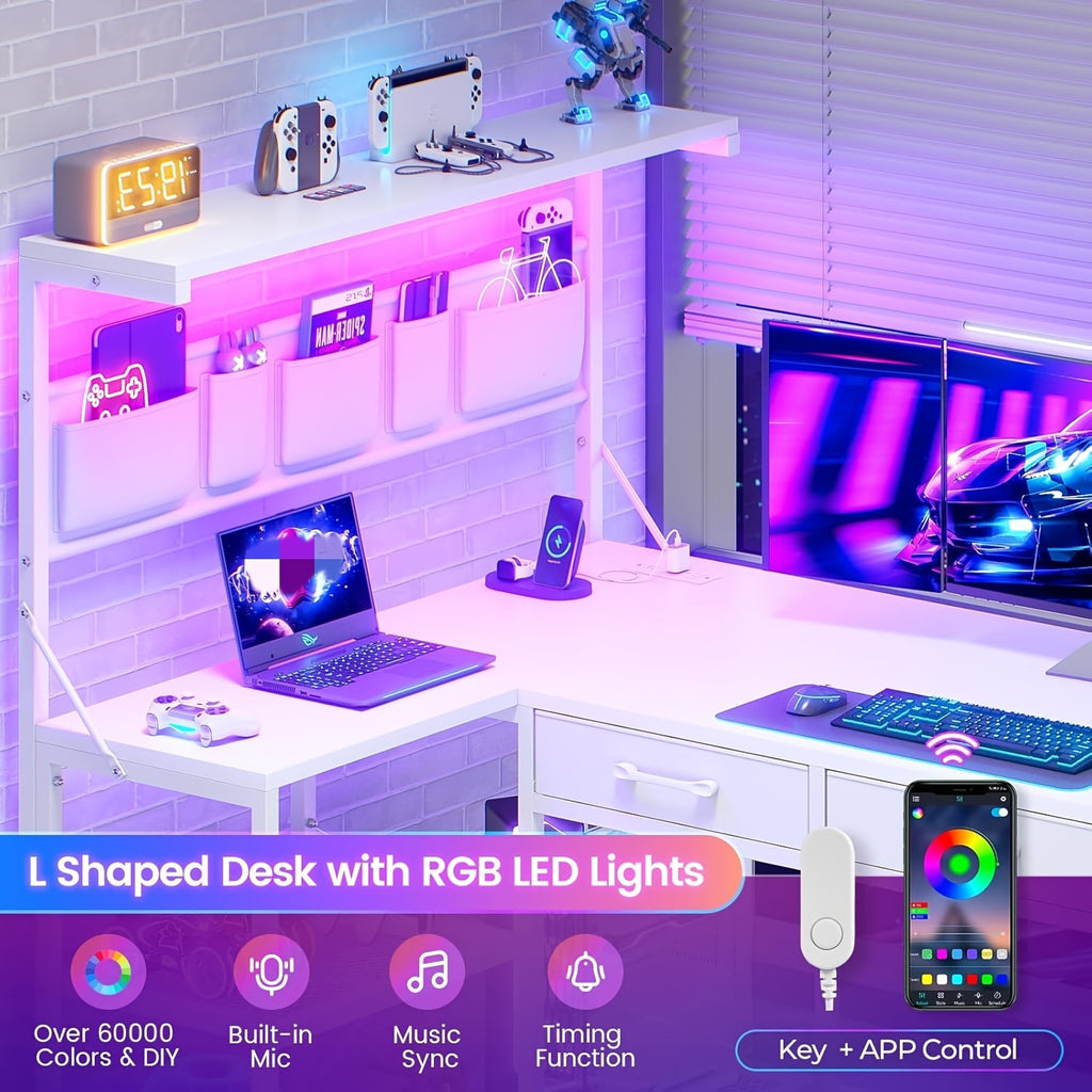 L-Shaped Computer Desk for Small-Space Work and Gaming, Featuring Reversible Shelves and App-Controlled RGB Lights