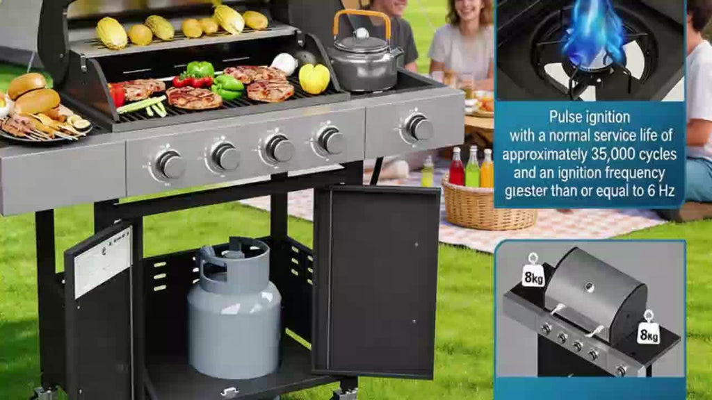 Upgraded 44000-49000 BTU 4-1 Burner Propane Gas Grill with Side Burner, Top thermometer, Outdoor BBQ Grill with Cast Iron Grates & Side Tables, 625 sq.in. Large Grilling Space for Summer Parties, Ideal for Backyard Patio & Camping, Black