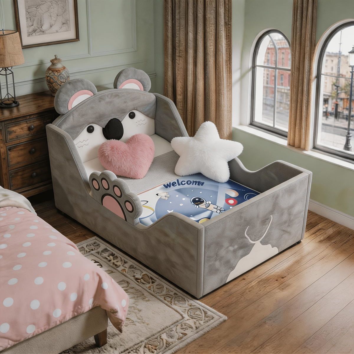 Toddler Floor Bed with Removable Safety Rails And Storage Bag, Kids Bed for Girls And Boys, Standard Crib Size, Safety Upholstered Beds, Low to Floor Design