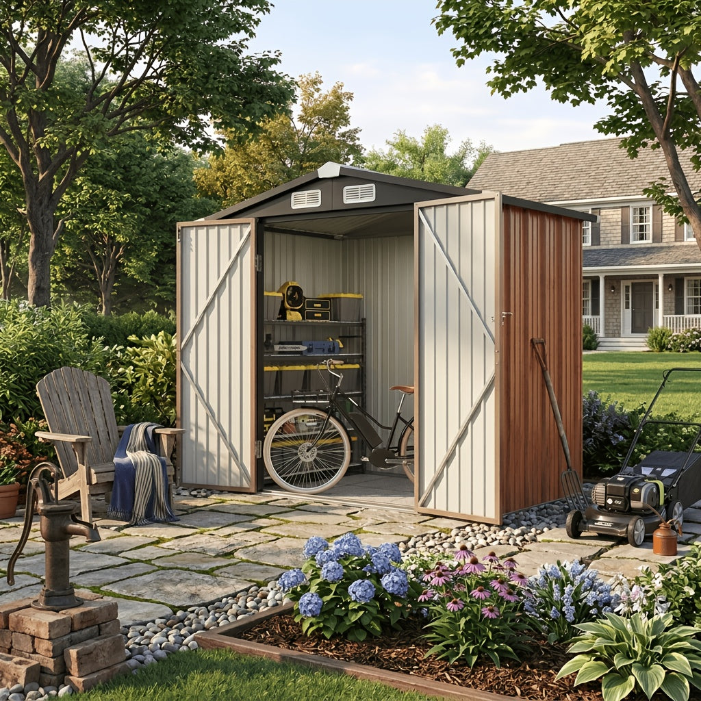 [Outdoor Storage Shed] ULSMVOC 6X4 FT Outdoor Storage Shed, Garden Tool Storage Shed With Sloping Roof And Double Lockable Door, Outdoor Shed For Garden Backyard Patio Lawn, Brown