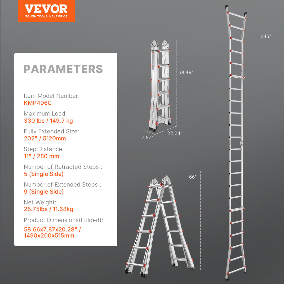 VEVOR Telescoping Ladder A Frame 9.5 FT 2880mm / 11FT 3350 mm / 13 FT 4000mm / 15.5FT 4670 mm / 17FT 5120 mm / 20FT 5990 mm/ 20.5FT 6230 mm Extension Multi-Function for Homework