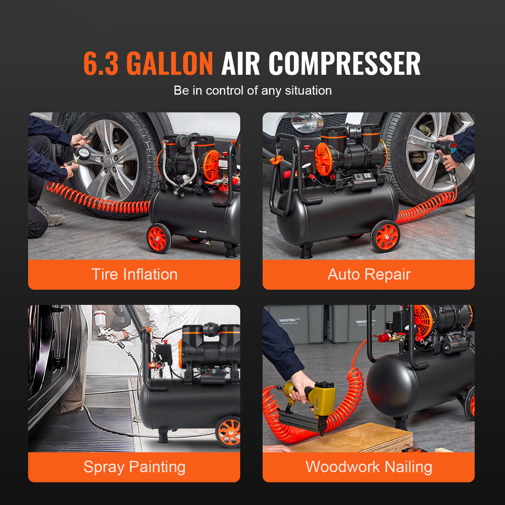 VEVOR 6.3 Gallon Air Compressor, 2 HP 3.35 CFM90PSI Oil Free Air Compressor Tank & Max. 116PSI Pressure, 70 dB Ultra Quiet Compressor for Auto Repair, Tire Inflation, Spray Painting, Woodwork Nailing