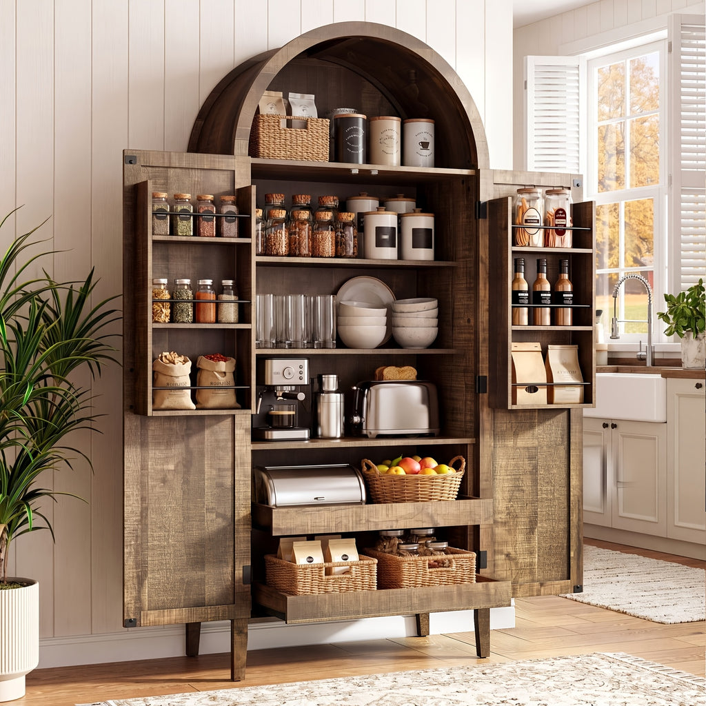 PAZCASA 71" Tall Arched Kitchen Pantry, Storage Cabinet with 2 Pull-Out Shelves, 6 Door Shelves, Organizer, Freestanding Modern Versatile Cupboard for Kitchen, Dining Room, Black/Natural