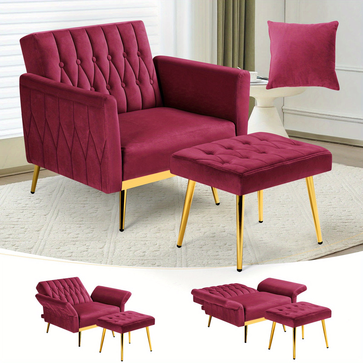 ACMEASE 31.5 Inch Velvet Adjustable Accent Chair with Ottoman & Pillow, Tufted Single Sofa Chair with Golden Metal Legs for Living Room