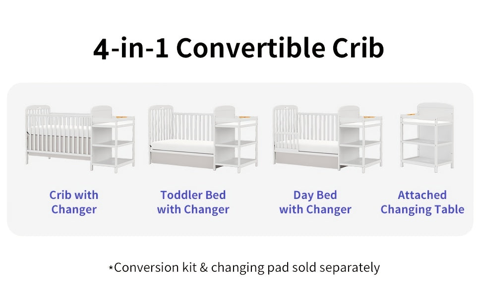 Goldzone 4-in-1 Convertible Baby Crib, Wooden Baby Stuffs Converts Into Toddler Bed with Changing Table, Newborn Essential Items Full Size Nursery Decor Cribs, Adjustable Heights, Item Weight: 56lbs, Maximum Weight Recommendation: 50lbs