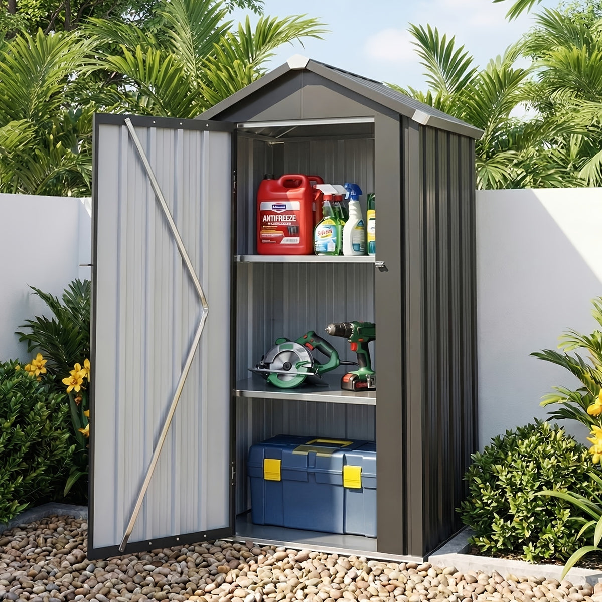 UMORLYRAE Vertical Metal Tool Cabinet, Weatherproof Outdoor Storage Shed with Floor Base & Adjustable Shelves, A-Frame Roof Design, Space-Saving for Garden, Garage, Patio(2.5x2ft/3.5x2.2ft)