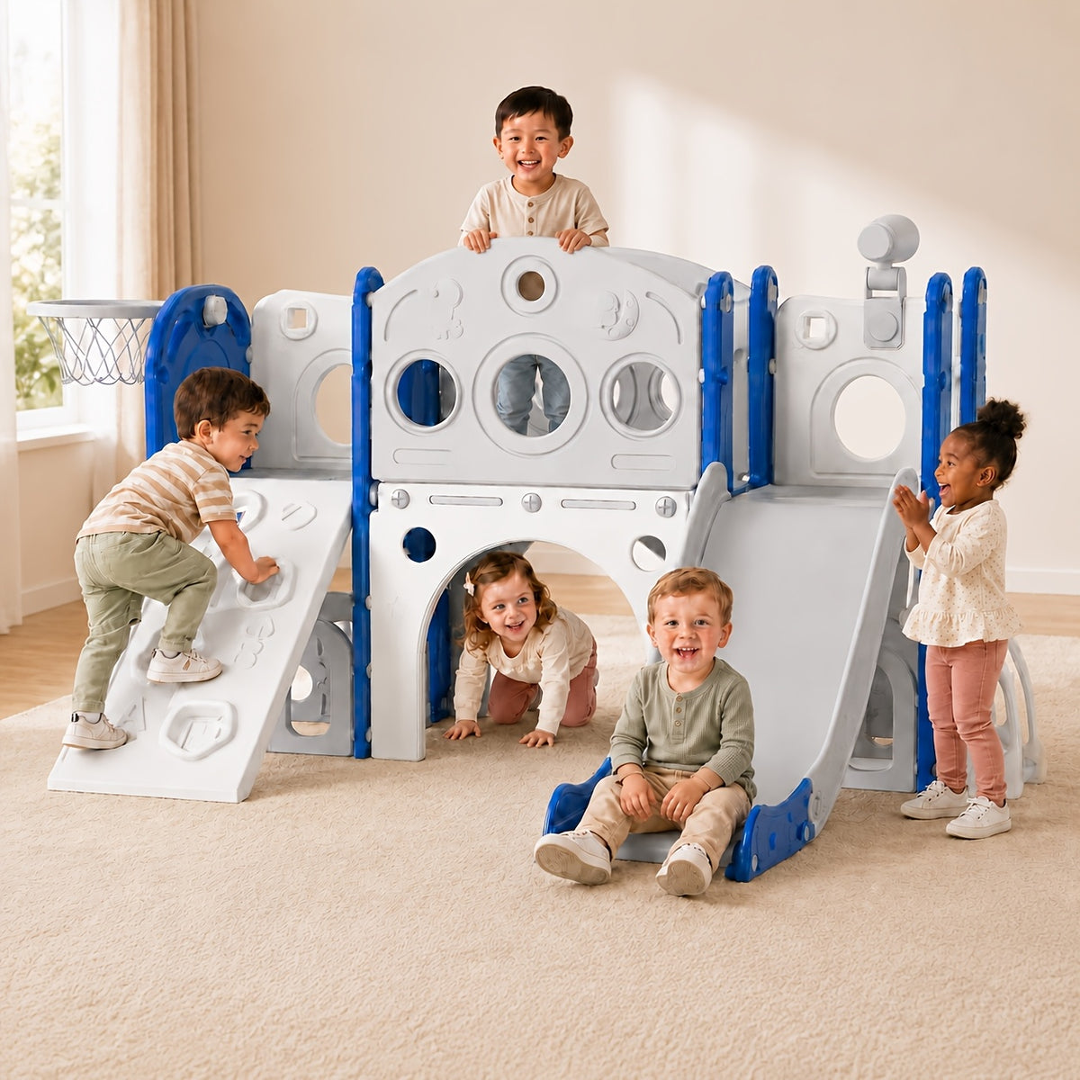 9in 1 Toddler Slide Set Playground Indoor & Outdoor Fun for Kids & Babies, Featuring Climbing Board, Basketball Hoop, Telescope, Storage Space And Non-Slip Steps