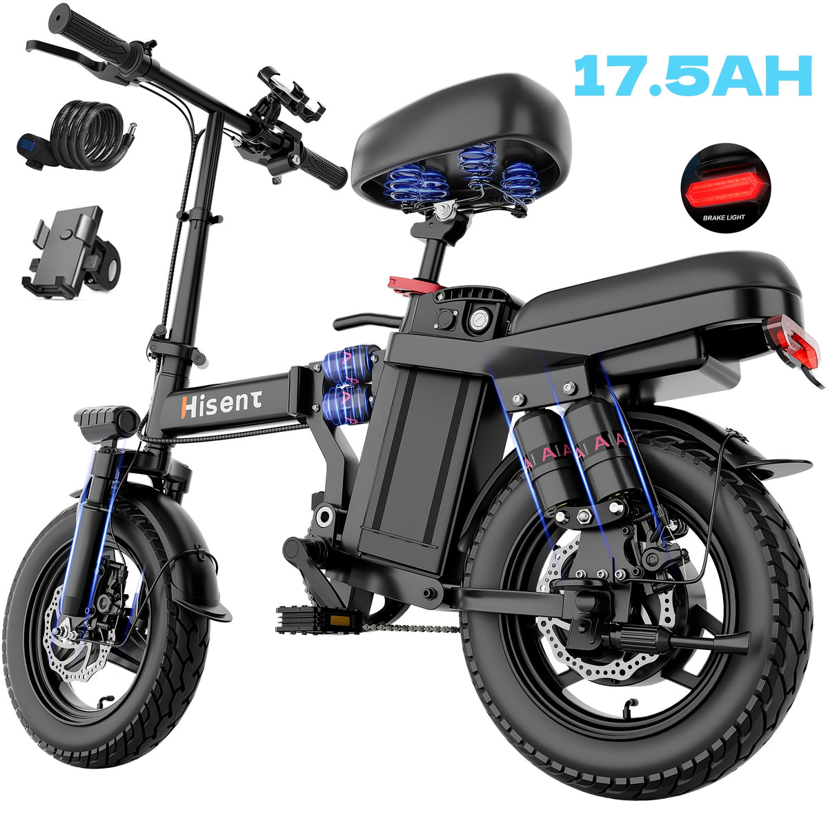 Hisent G11&F9 Folding Electric Bike | Dual Suspension System | Upgraded Frame | 12-35 Miles Range (Optional) | Features Dual Seat, LED Headlight, Disc Brakes, 14-Inch Tires, 500W High-Power Motor, Top Speed Of 19.9 Mph