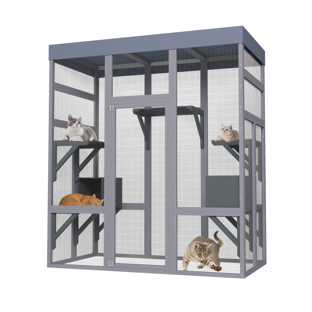 [Outdoor Catio Enclosure] 62.6 Inch Large Wooden Outdoor Catio Enclosure for Cats | Secure Pet Cage with Roof & Rust-Proof Wire Mesh | Includes 2 Napping Houses & Multi-Level Platforms for Backyard & Patio