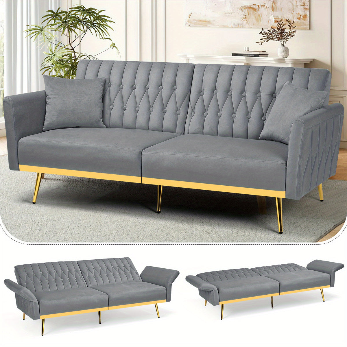 ACMEASE 70-Inch Velvet Convertible Sofa Bed with 2 Pillows, Adjustable Backrest And Armrest Tufted Sleeper Sofa with Golden Metal Legs for Living Room