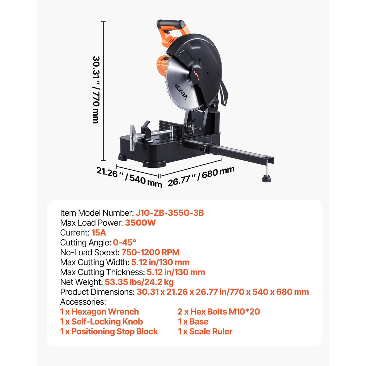 VEVOR Chop Saw, 7-14-inch Stainless Steel Cold Cut Blade,1200W (120V/60HZ)/2000W (120V/60HZ)/3500 W (240V/60HZ) Powerful Brushless Motor, 750-1200 r/min Adjustable Speed, Metal Cutting Chop Saw for Metal Square and Flat Tubes, I-Shaped Steels