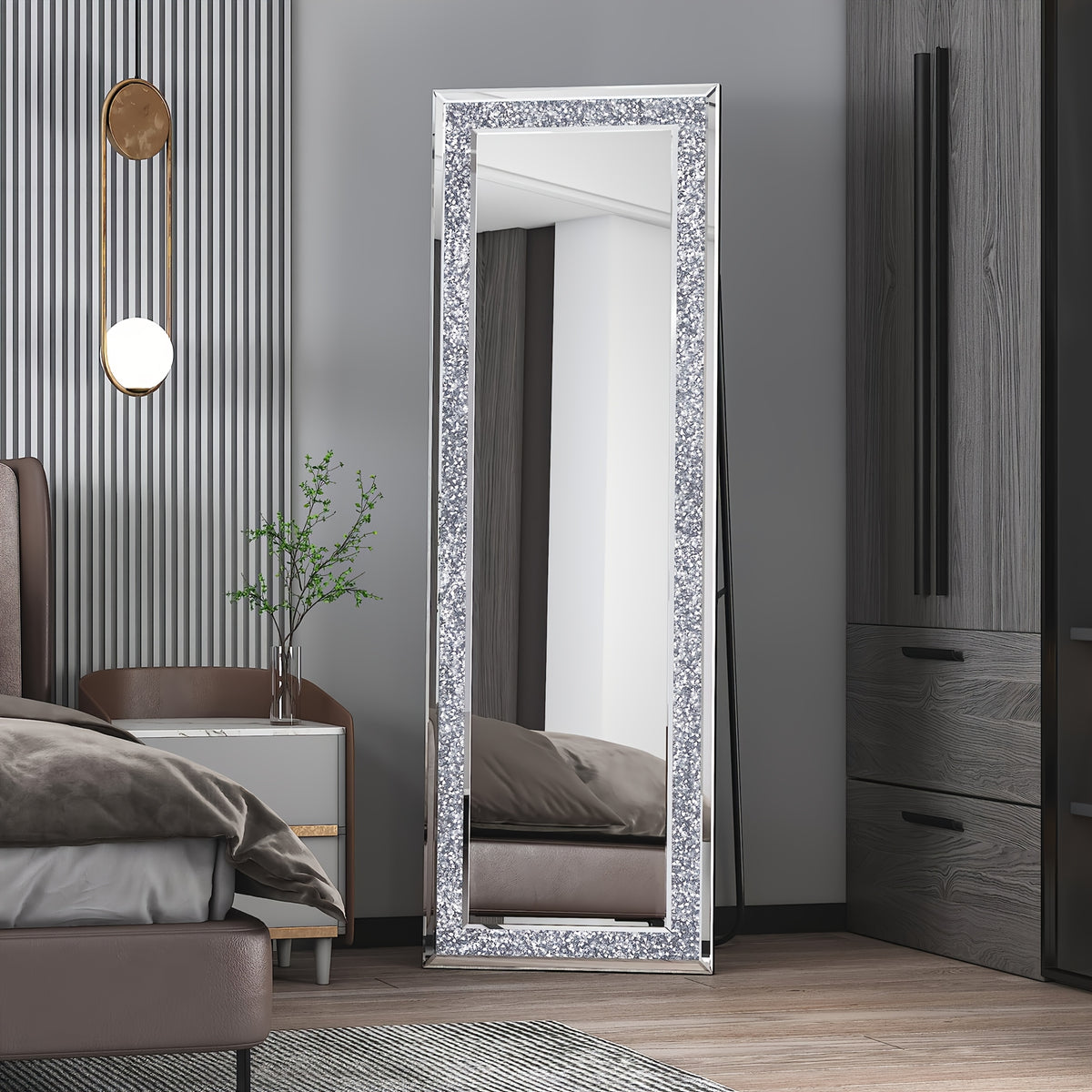 59" Luxury Crystal Diamond Framed Full-Length Mirror, Large Rectangular Floor-Standing Decorative Mirror, Modern And Light Luxury Design, Suitable for Bedrooms, Living Rooms, And Entryways