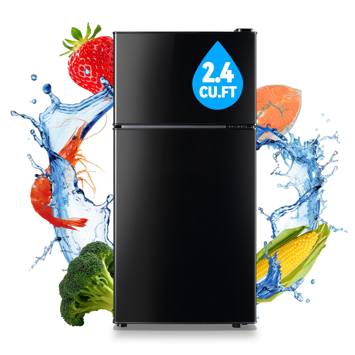 Double Door Refrigerator with Freezer and Adjustable Thermostat for Home or Office — Black, 2.4 or 5.0 Cu. Ft.
