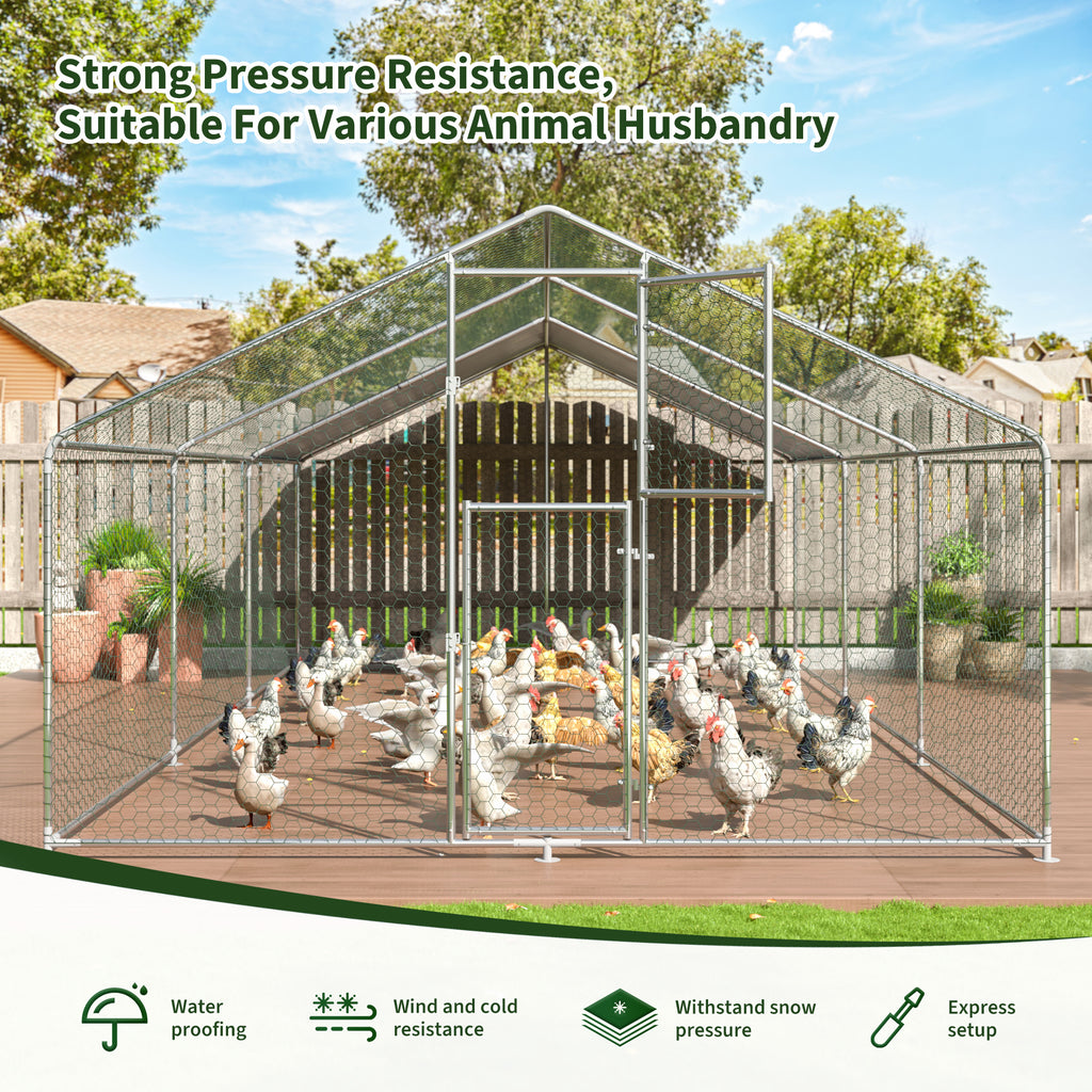 Walk-In Chicken Run with Feeding Port and UV-Resistant Cover, Galvanized Outdoor Poultry Enclosure