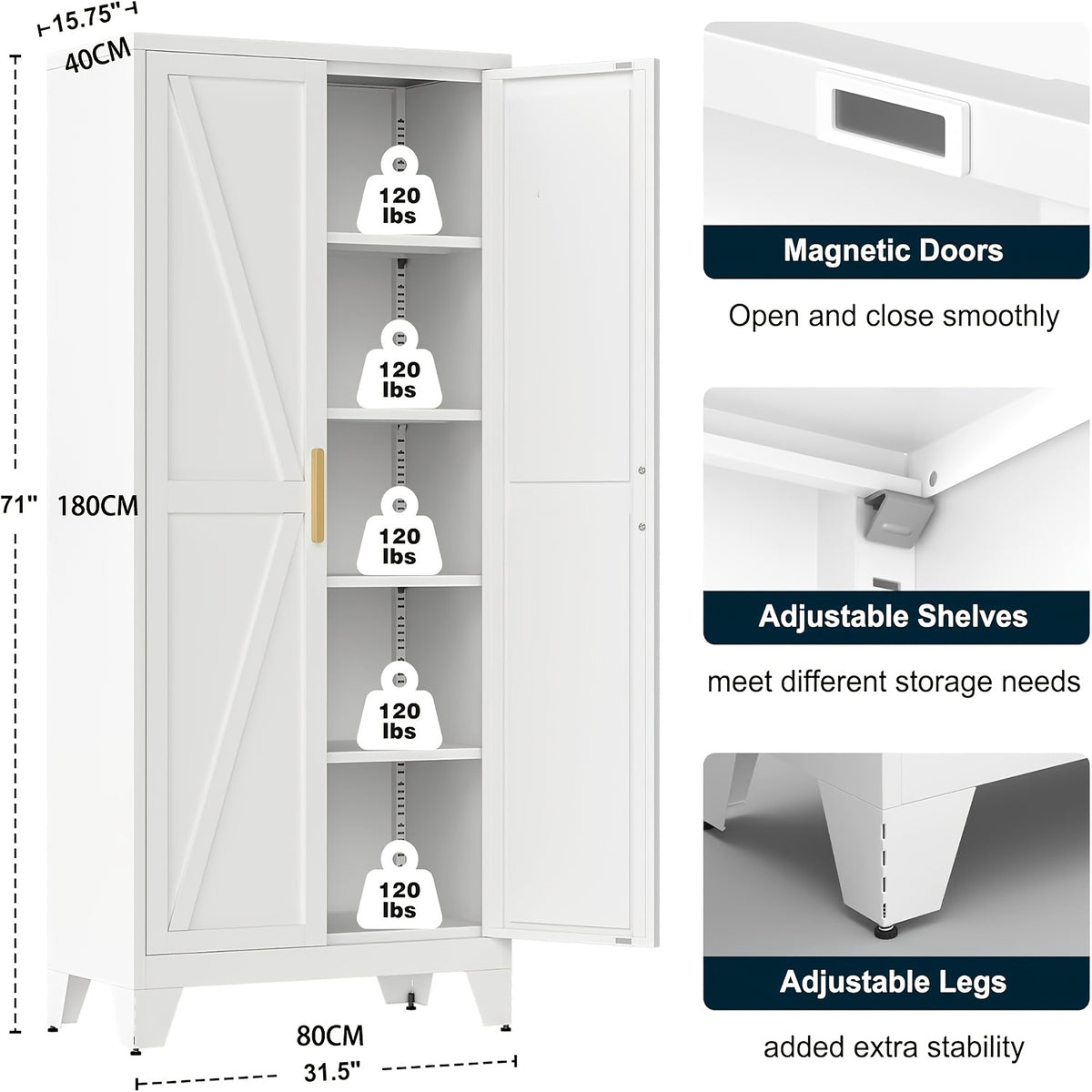 61"/71" Tall Metal Storage Cabinet With 2 Doors And 4 Adjustable Shelves, 5-Tier Kitchen Pantry Storage Cabinet For Kitchen, Living Room, Dining Room And Office