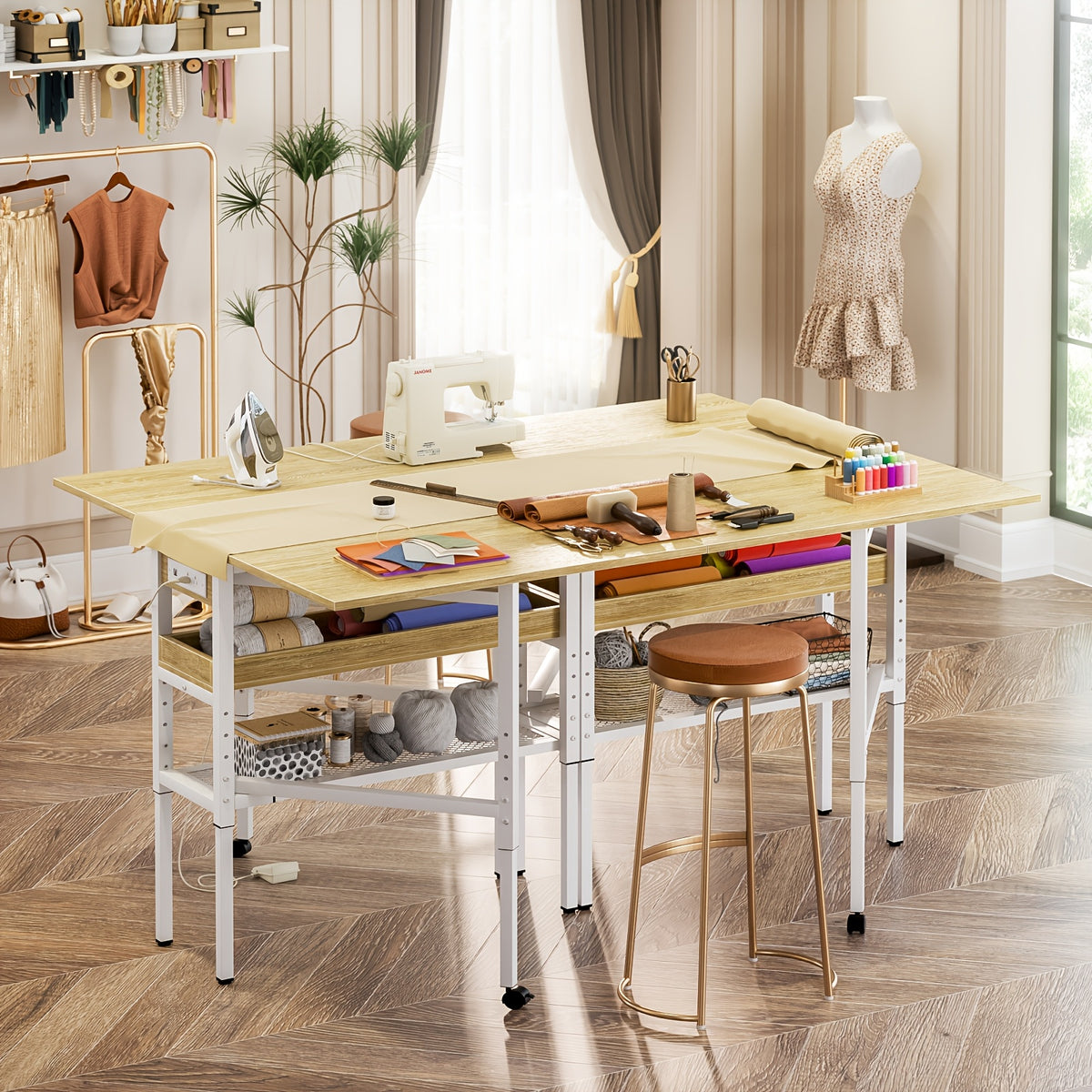 50" Foldable Sewing Cutting Table with Charging Station | Height Adjustable, Metal Frame, Storage Space, Suitable for Sewing and Craft Rooms, Mixed Color, ISUNIRM