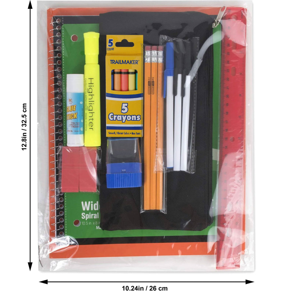 24 Pack of 20 Piece Stationary Kits Containing 1 Spiral Notebook, 1 Colored Folder, 3 Ballpoint Pens, 3 Pencils, 5 Crayons, 2 Erasers, 1 Pencil Case, 1 Sharpener & More!