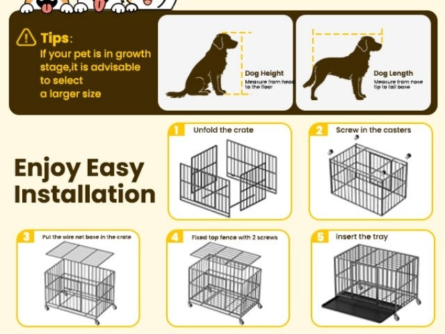 [Indoor Dog Crate] Heavy Duty Simple Version Round Pipe Iron Dog Crate, Indoor Double Door Dog Crate With Wheels With Removable Tray