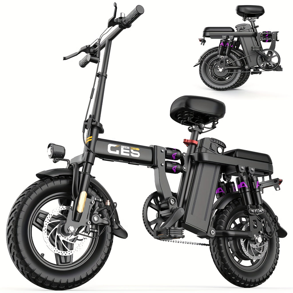 500W Electric Bike for Adults, 48V 10AH/15AH Removable Battery, Speed 15-20 Mph, Long Range 10-35 Miles, 14-Inch Foldable, LCD Display, Dual Disc Brakes, Super Suspension, Teen Gift, Adult E-Bike - Motorcycle