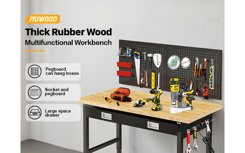 96"84"72"60"48"Adjustable Height Workbench with Power Outlet & Pegboard, 28"-40"Height Heavy Duty Solid Wood Work Table with 2000 to 5000 LBS Load Capacity for Garage, Shop, Office, Home