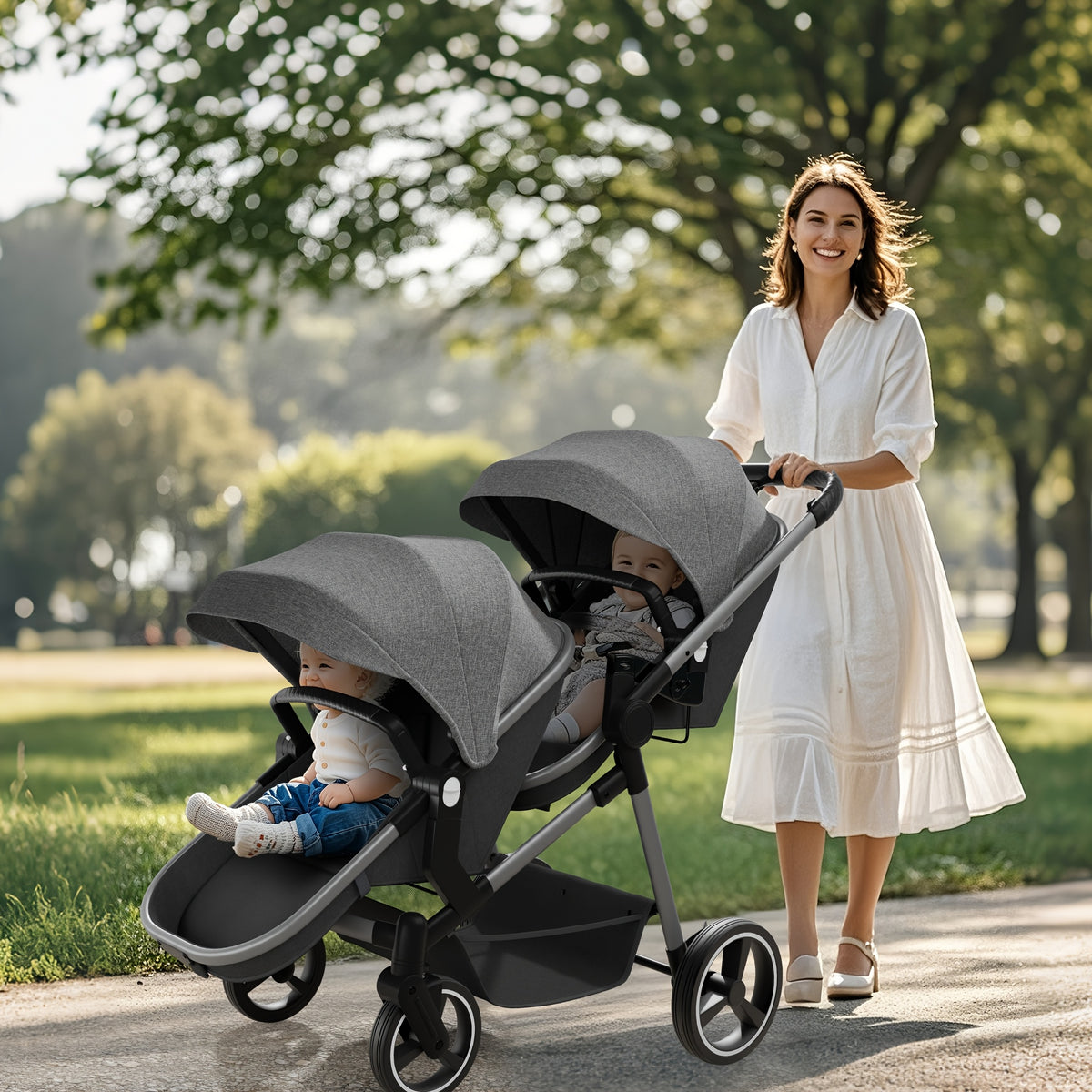 Foldable Double Stroller - Tandem Design with Adjustable Backrest, Reversible Seat, Five-point Safety Harness and Storage Basket - Convertible Bassinet for Infants and Toddlers
