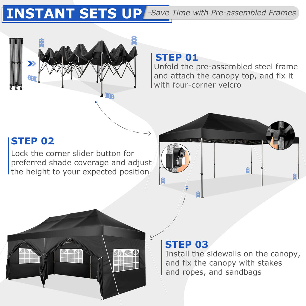 10x20 Pop Up Canopy Tent, Heavy Duty Canopy with 6 sidewalls, Easy Up Commercial Outdoor Canopy, Wedding Party Tents for Parties, All Season Wind & Waterproof Gazebo with Roller Bag, Pop Up Canopy for Wedding, Commercial Areas, Playgrounds, etc
