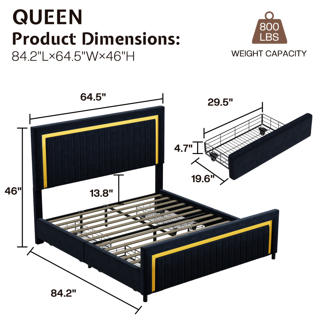 Queen/King Upholstered Platform Bed with LED Lights - 4 Storage Drawers& Adjustable Channeled Headboard, No Box Spring