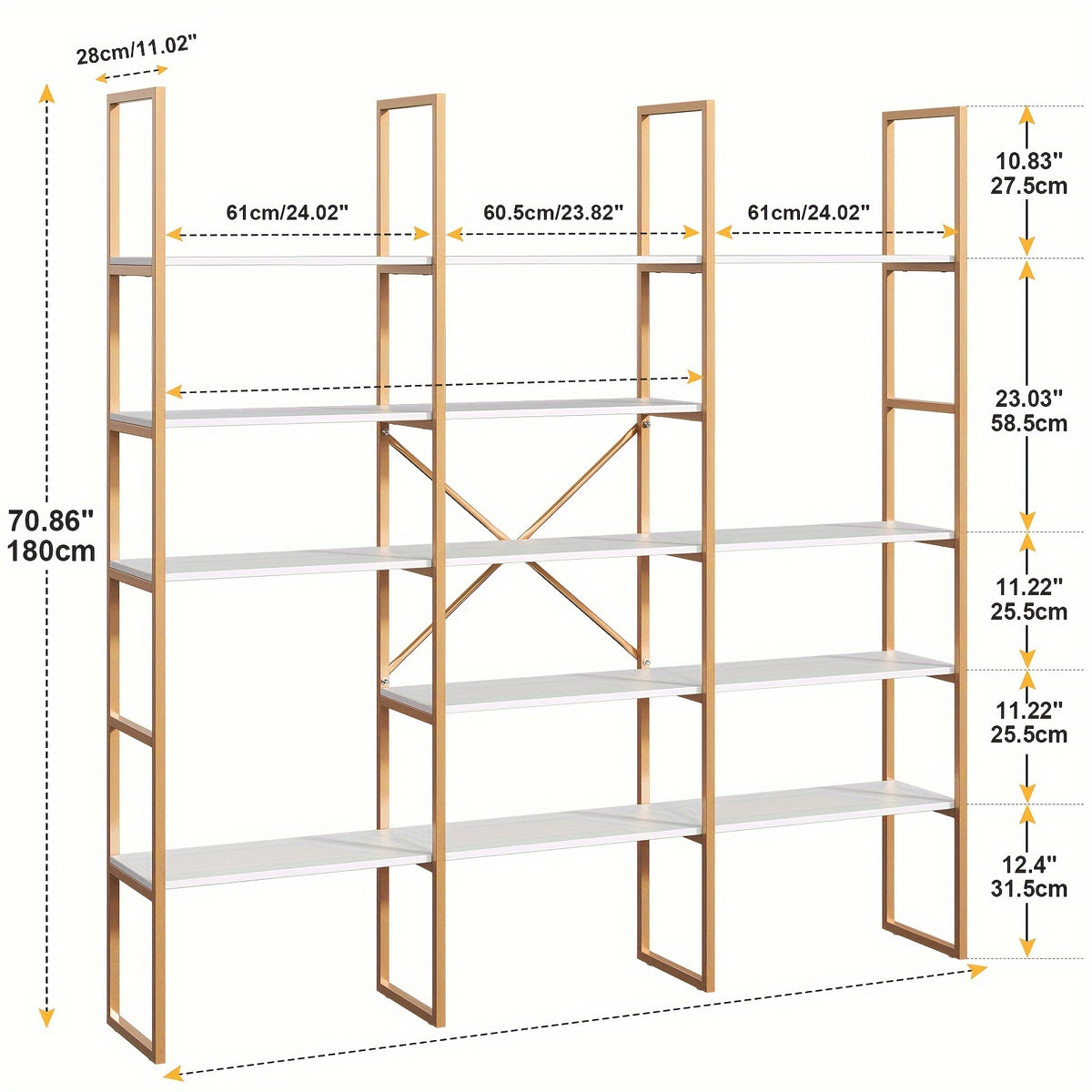 Triple 5 Tier Bookshelf, Rustic Industrial Style Bookcases with 13 Open Display Shelves, Modern Tall Bookcase Furniture for Living Room, Bedroom And Home Office, Vintage