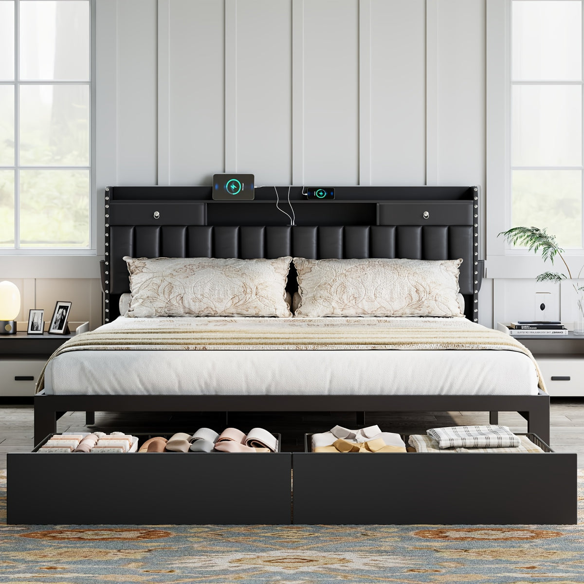 MRAEER Furniture Offers a Tri-Color Upholstered Bed Frame Available in Full, Queen, And King Sizes, Featuring Four Drawers And a Charging Station. Mattress Not Included, Operates Silently, And Does Not Require a Box Spring