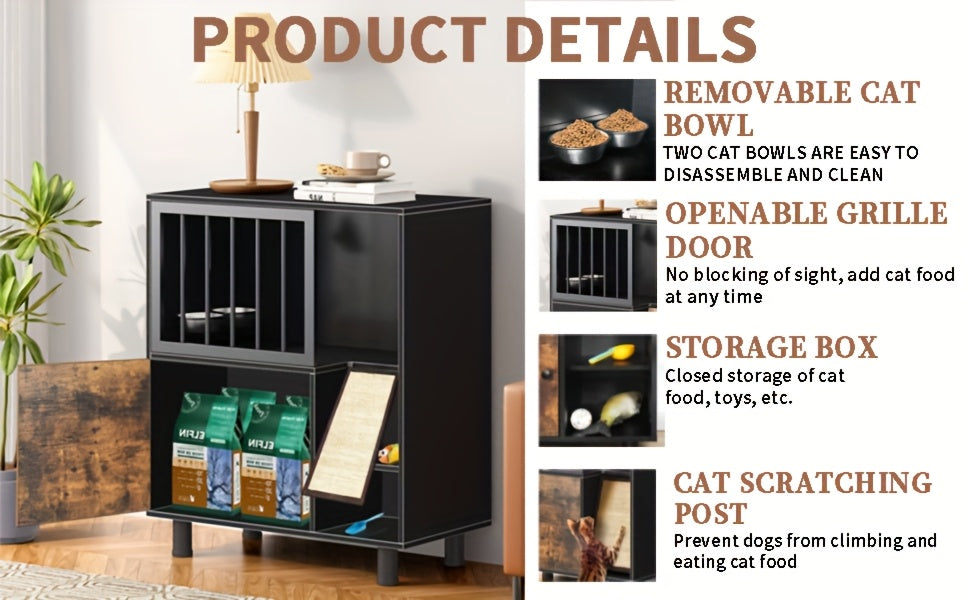 Dog-Proof Wood Cat Feeding Station with Lockable Storage And 2 Removable Stainless Steel Bowls - Anti-Spill Cat Condo with Scratching Board for Indoor Multi-Pet Homes