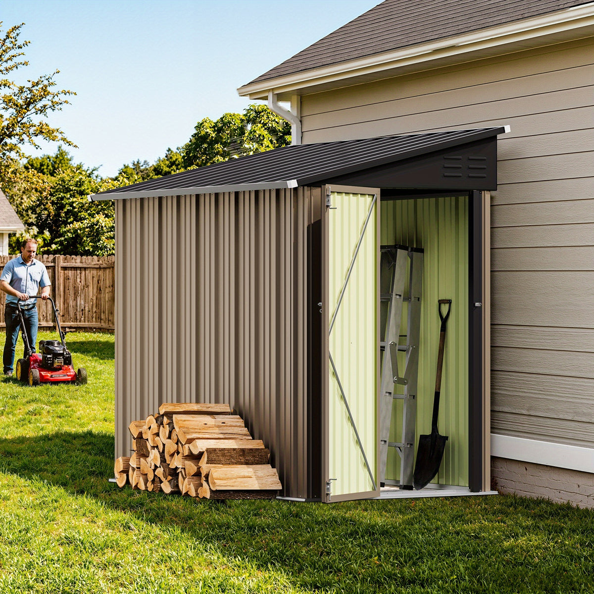 GUNJI 8 X 4.2ft & 6 X 4ft Metal Shed Outdoor Carport Shed with Single Lockable Door, Easily Accessing Metal Storage Cabinet with Slopping Roof for Tools Bicycles Storage for Garden, Backyard