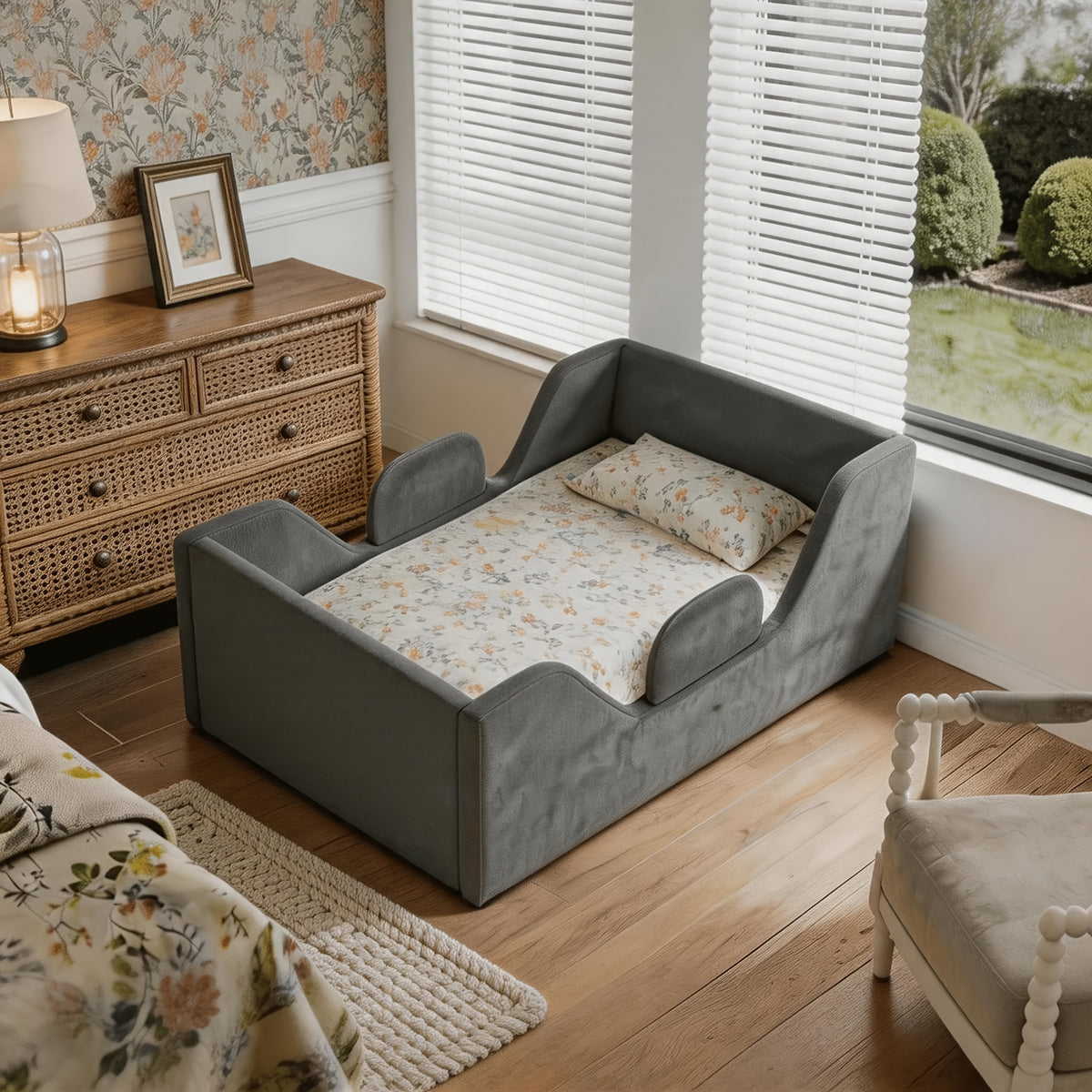Toddler Floor Bed with Removable Safety Rails And Storage Bag, Kids Bed for Girls And Boys, Standard Crib Size, Safety Upholstered Beds, Low to Floor Design