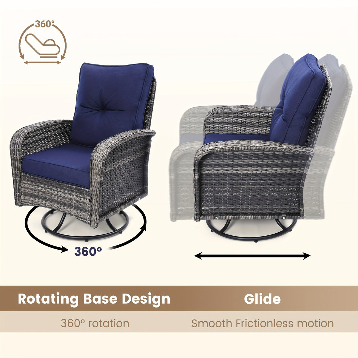 3pcs Patio Furniture Set, Outdoor Swivel Rocking Chairs with Glass Top Table and Thick Cushions for Porch, Deck, Balcony, Poolside, Patio Table And Chairs Set, Outdoor Dining Table And Chairs, Patio Chairs, Outdoor Furniture, Patio Set, Porch Seating, Dec