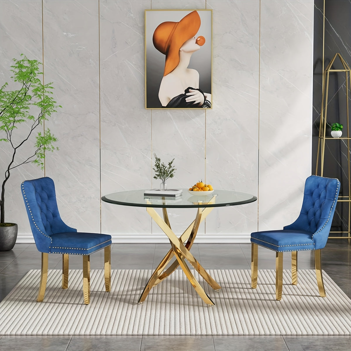 5/3/1pc Round Dining Table Set, Modern Tempered Glass Dining Table With Velvet Dining Chairs, 36" Kitchen Table With Stainless Steel Base For Living Room, Dining Room, Kitchen, Office, Lounge