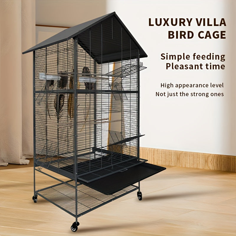Luxury Villa Birdcage, Extra Large Parrot Cage with Wheels And Roof, Easy Assembly Bird Aviary for Macaw, Roosteratiel, Parakeet, Lovebird, Finch, with Horizontal Wire. Flight Cage Ideal for Breeders