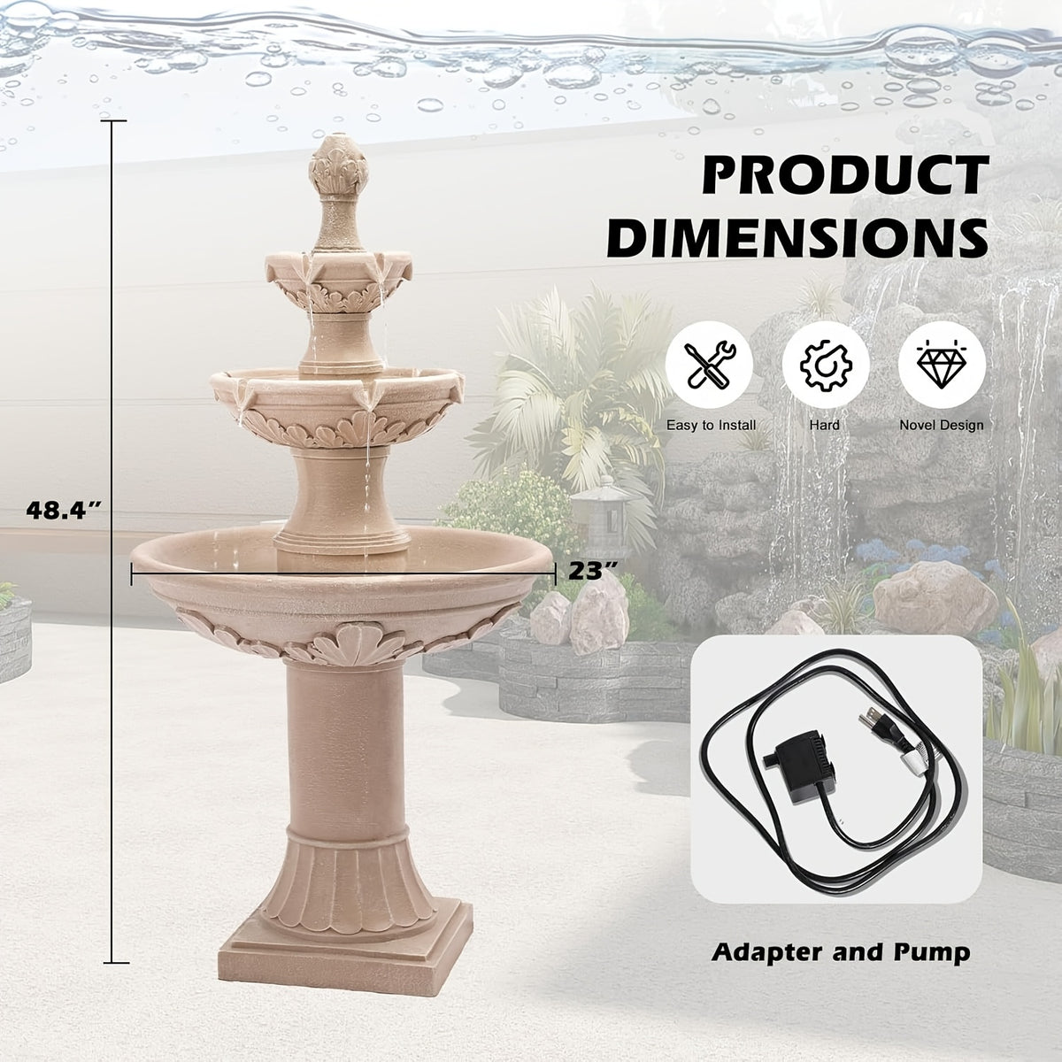Pineapple Garden Fountain, 3-Tier Resin Floor Water Feature with 12 Cascading Waterfalls for Indoor or Outdoor Decor