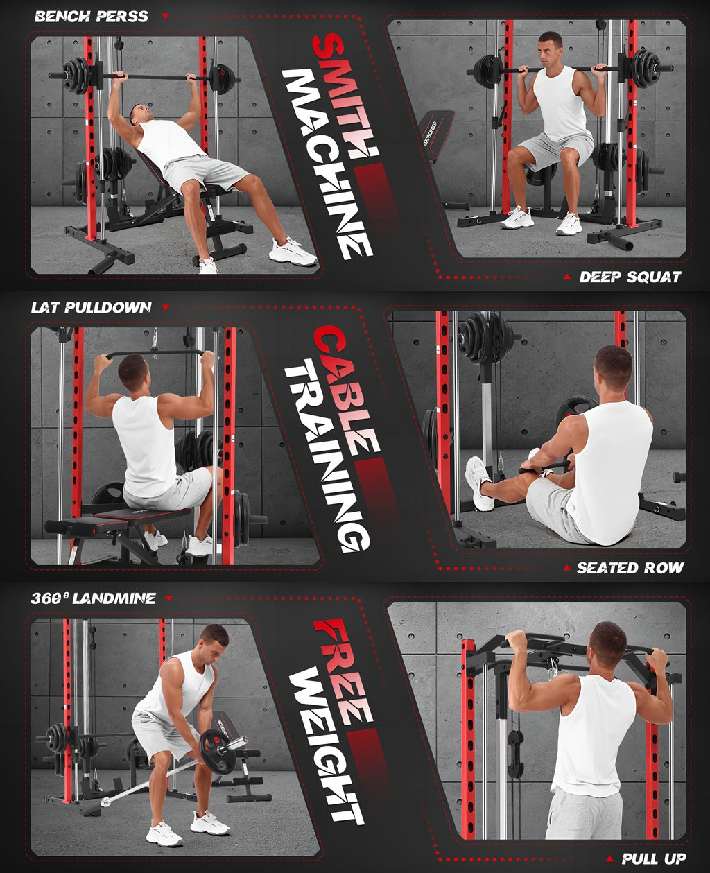 Likein Smith Machine Power Rack with LAT-Pull Down System & Cable Machine, Multi-Function Power Cage with Landmine, Barbell Bar, Plate Storage Pegs And More Training Attachment Squat Rack