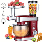 Household Vertical 6-in-1 Stand Mixers, 6-speed Pulse 6.3QT Tilting Kitchen Food Chef Machine, Equipped with Mixer, Dough Hook, Egg Beater, Spatula, Meat Grinder and Juicer Accessories, Red