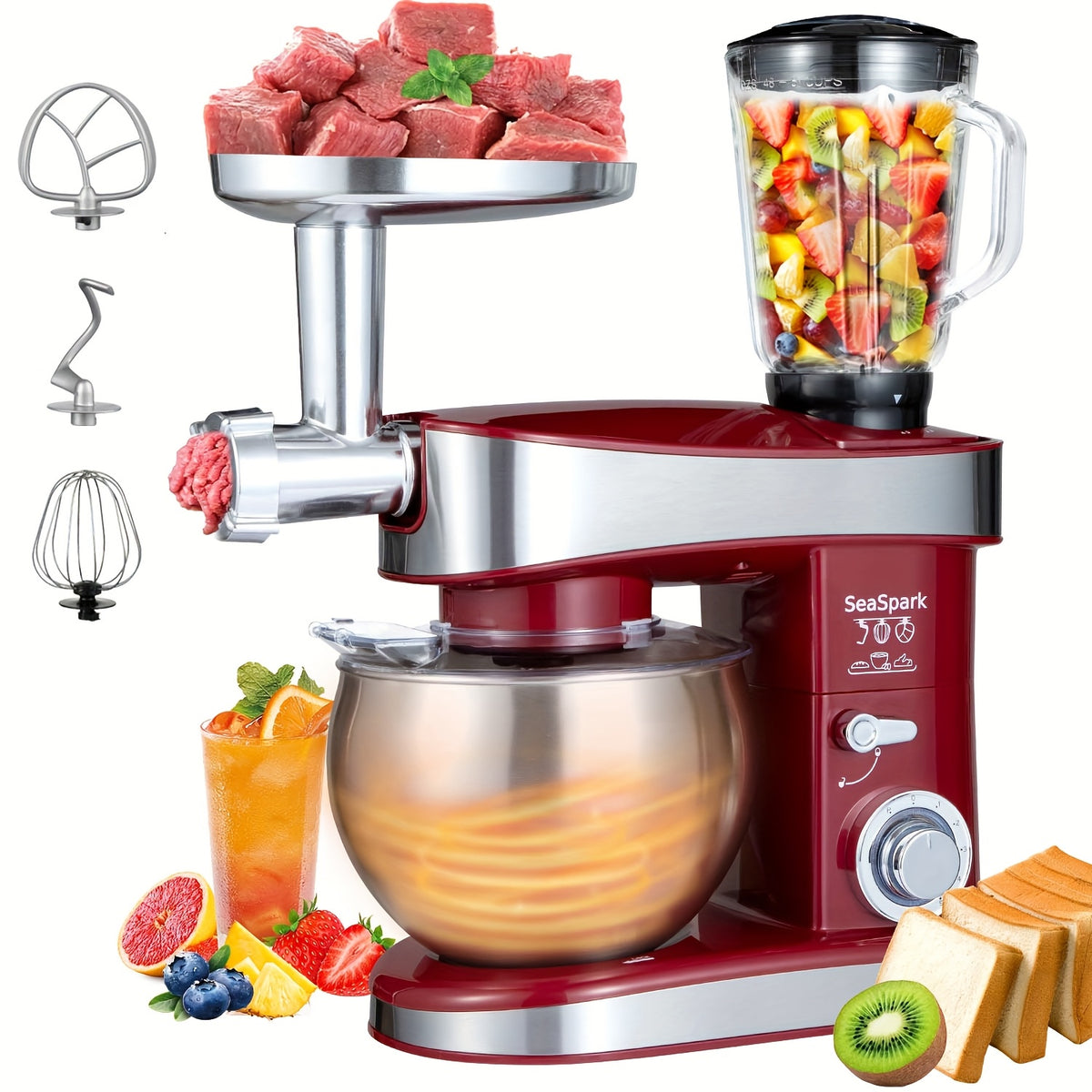 Household Vertical 6-in-1 Stand Mixers, 6-speed Pulse 6.3QT Tilting Kitchen Food Chef Machine, Equipped with Mixer, Dough Hook, Egg Beater, Spatula, Meat Grinder and Juicer Accessories, Red
