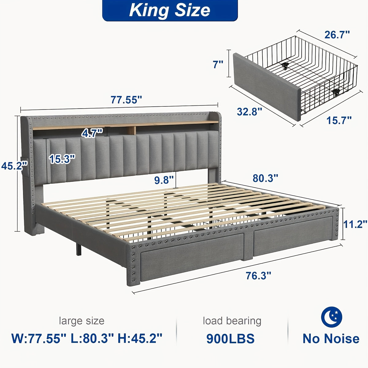 Soft Upholstered Bed Frame with 2 Storage Drawers & Naked Mattress Foundation | Full/Queen/King Size Low Profile Platform Bed Base, Heavy Duty 1000lbs Steel Frame, No Box Spring Needed for Apartments/Dorms | Easy Assembly (Gray/Beige)