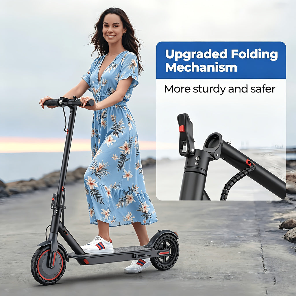 Long Distance Folding Adult Electric Scooter, 350W Motor, 8.5 Inch Anti-Slip Solid Tires, Smart APP& LCD Dashboard, 3 Adjustable Speeds, Dual Safe Brakes, LED Headlight Taillight, Built-in Bell, Aluminum Alloy Body, 265 LBS Load, Low Maintenance