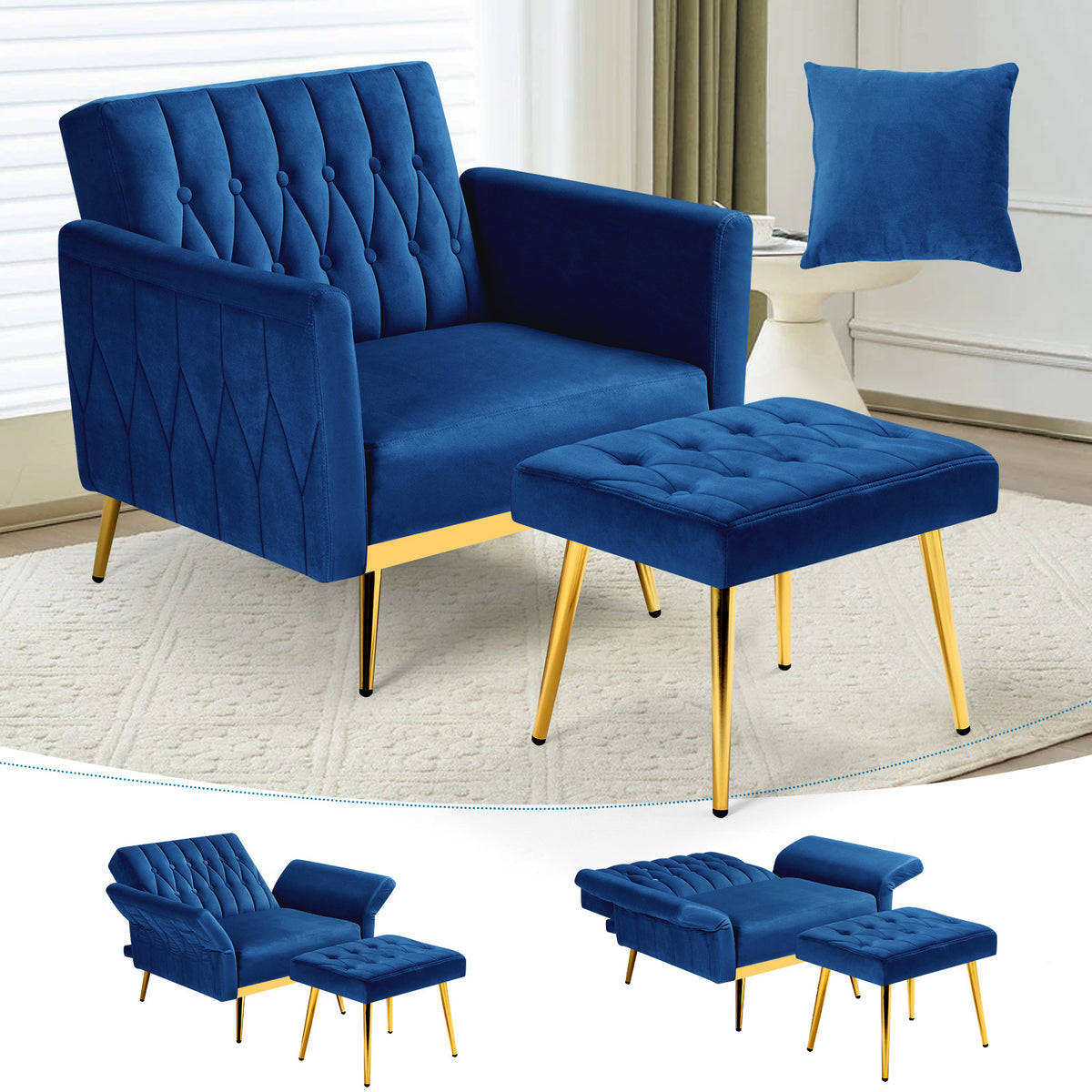 ACMEASE 31.5 Inch Velvet Adjustable Accent Chair with Ottoman & Pillow, Tufted Single Sofa Chair with Golden Metal Legs for Living Room