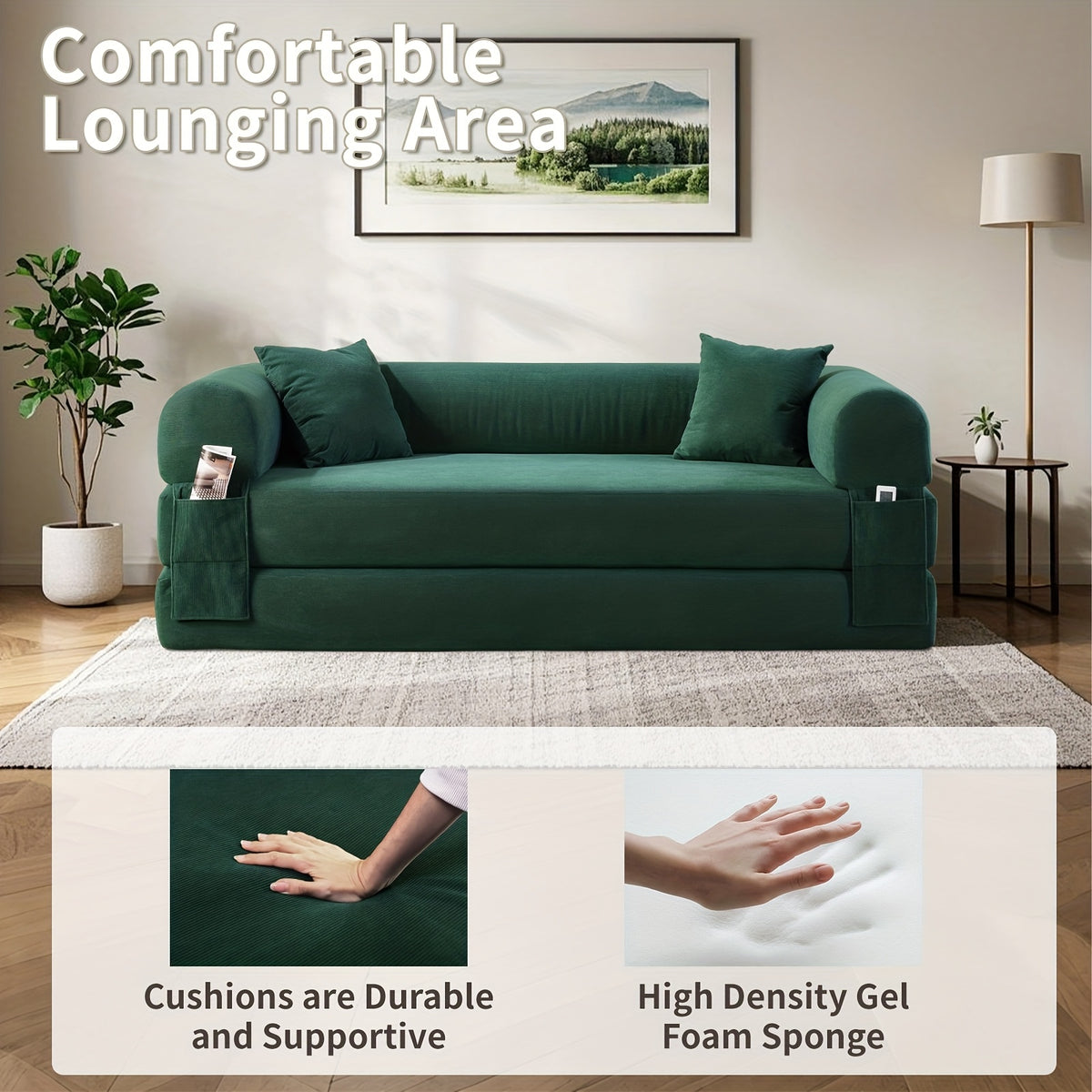 80" Convertible Sofa Bed, 3-in-1 Corduroy Folding Pull Out Couch with Pillows, No Assembly Modern Boneless Couch Compression Sofa In Box, Floor Sofa with Side Storage Pocket for Living Room