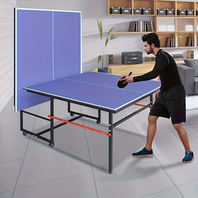 8 Ft Folding Rolling Table Tennis Table Regulation Ping Pong Table with 2 Paddles 2 Balls 1 Net And Post Set Fold-Up Design 4 Wheels for Easy Movement, BLUE