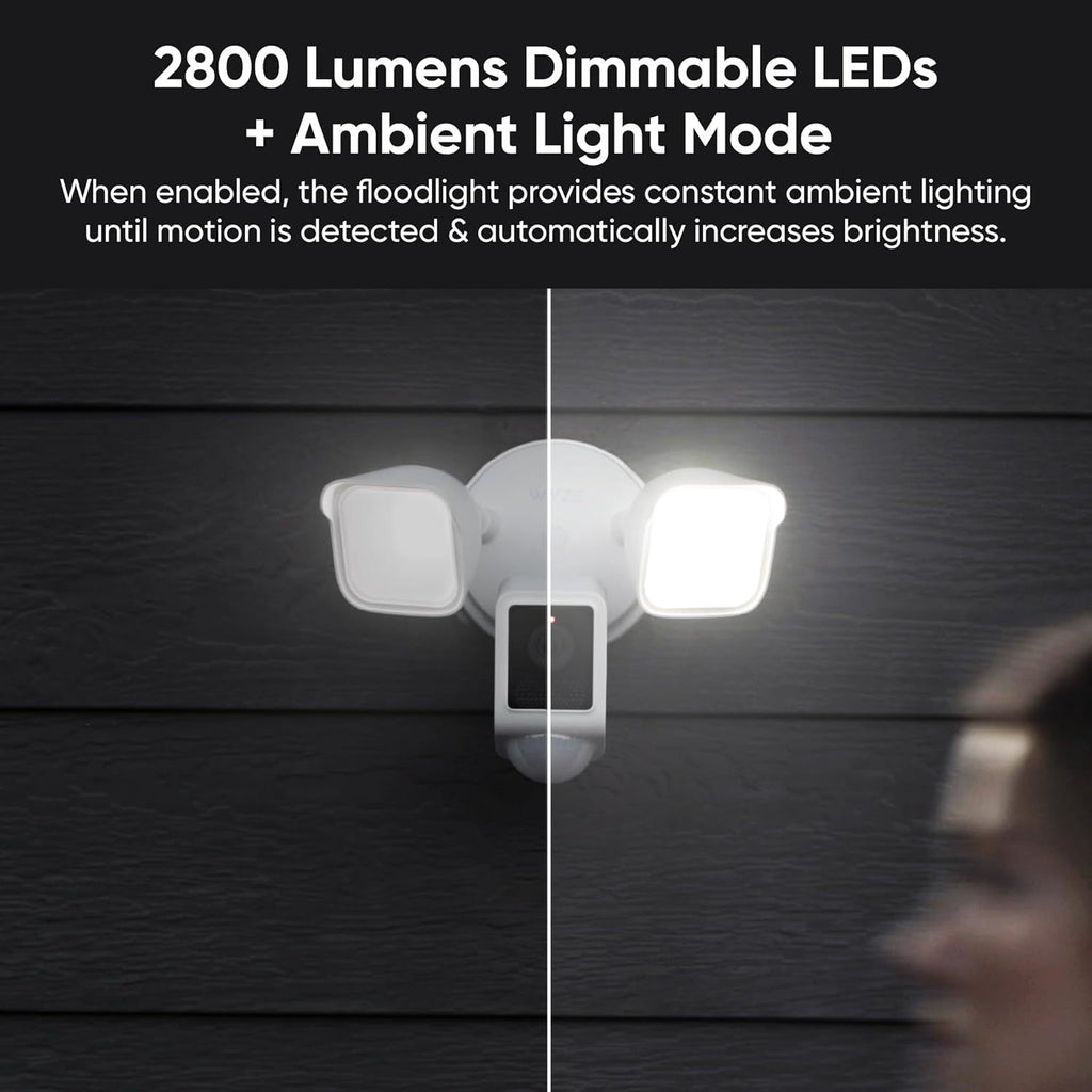 WYZE Floodlight Camera v2, 2800-Lumen LEDs, 2K HD Outdoor Security Camera, 160° Wide View, Motion Activated Light, 105dB Siren, Color Night Vision, Compatible with Alexa & Google Assistant, Wired, White