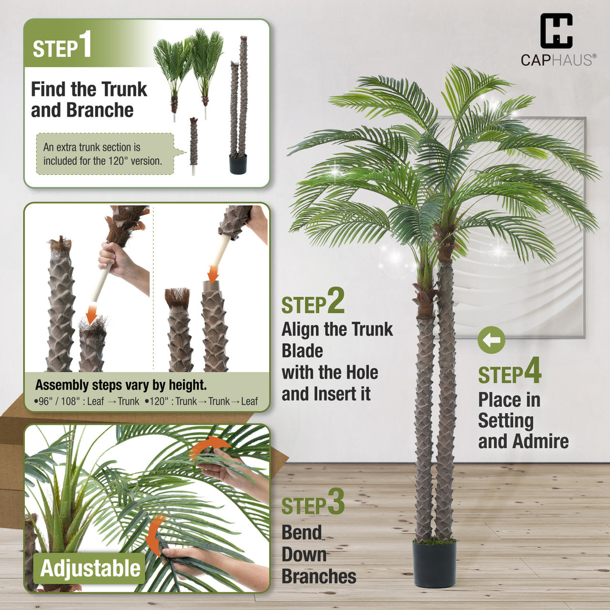 CAPHAUS 10FT Artificial Phoenix Palm Tree, Double Stem Faux Palm with Black Pot, Realistic Fake Plant for Indoor Outdoor Home Office Patio Décor, Low Maintenance Large Artificial Palm Tree