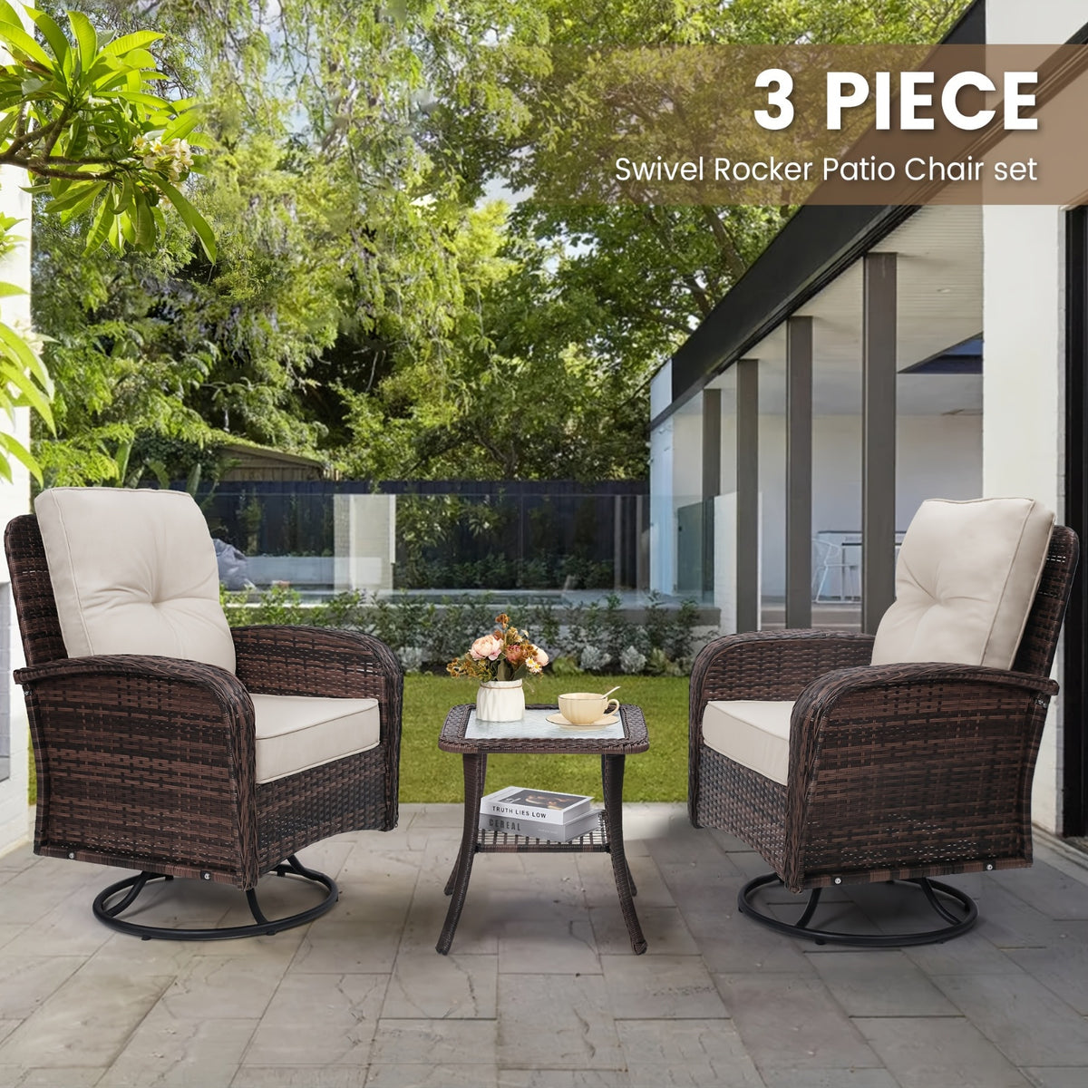3pcs Patio Furniture Set, Outdoor Swivel Rocking Chairs with Glass Top Table and Thick Cushions for Porch, Deck, Balcony, Poolside, Patio Table And Chairs Set, Outdoor Dining Table And Chairs, Patio Chairs, Outdoor Furniture, Patio Set, Porch Seating, Dec