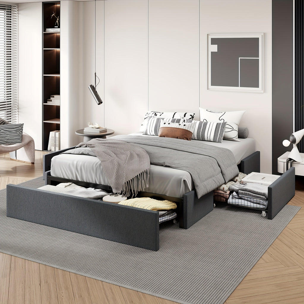 HOOMIC Full/Queen Size Platform Bed Frame with 3 Storage Drawers, Linen Fabric/Faux Leather Upholstered, Headboard Compatible, Wooden Slat Support, No Box Spring Needed, Noise Free, Dark Grey/Black